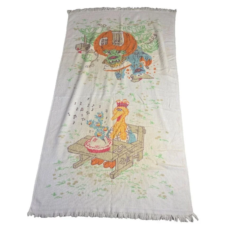 Vintage Sesame Street Bath Towel Big Bird Oscar 24x41 USA 70s 80s Retro Children